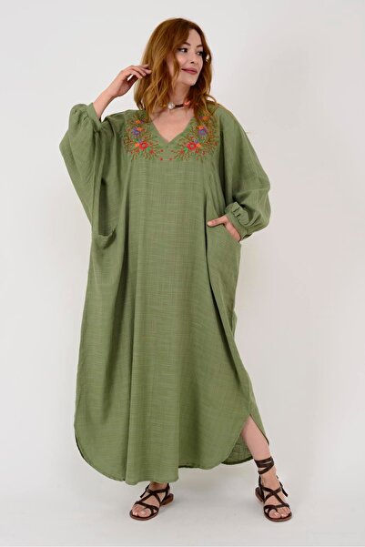 Hazinedan Authentic Women's Embroidered Detail V-Neck Slit Long Dress