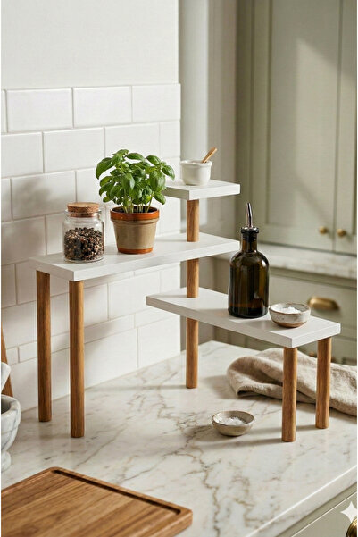 PEKA Tezgah Üstü Köşe Rafı Ahşap Mutfak Rafı Baharatlık Organizer