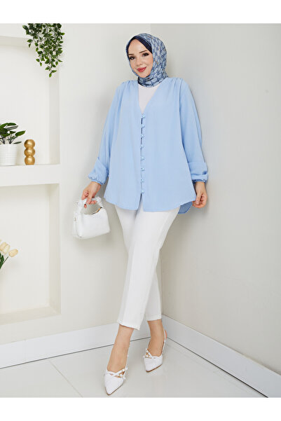 Blue Morpho Brit Buttoned V-Neck Shirt Kimono