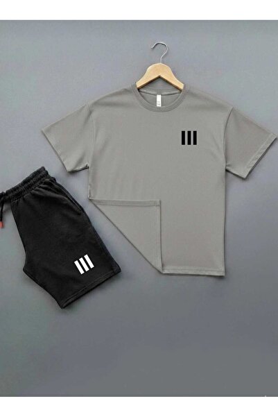 woonkey Premium Minimal 3 Line Men's Sports Set Relaxed Fit Summer Shorts T-S...