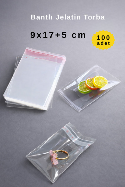 COLORPAK 9x17+5 cm Bantlı Şeffaf Jelatin Torba - 100 Adet - Dayanıklı Yırtılm...