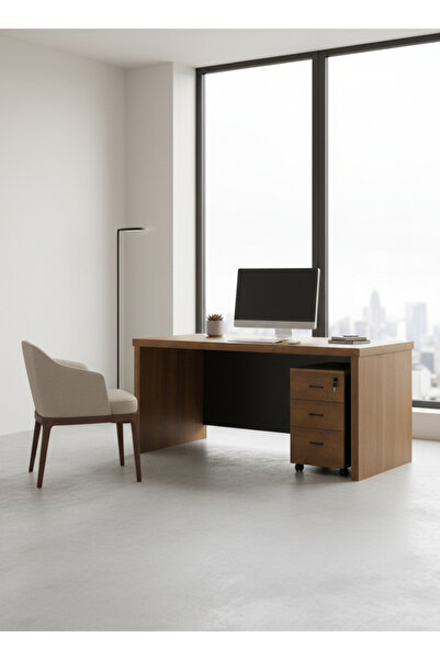 MARIA HOMES Modern Brown Office Desk with Mobile Drawer Cabinet 140 × 70 × 75 cm