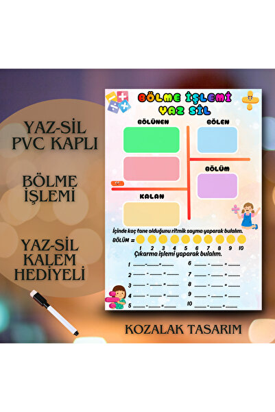 Kozalak Tasarım Bölme İşlemi Yaz-Sil Tablo Pvc Kaplı Dayanıklı 22*30 cm Yaz-s...