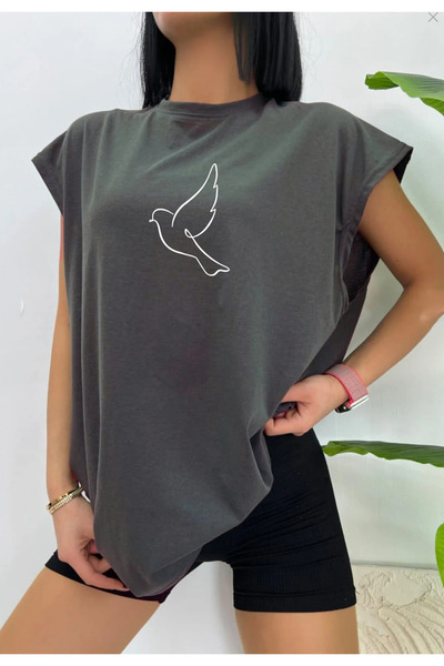 SUNFREE Minimal Bird Ba Printed Adın Sleeveless Zero Sleeve Ov Oversized Rend...