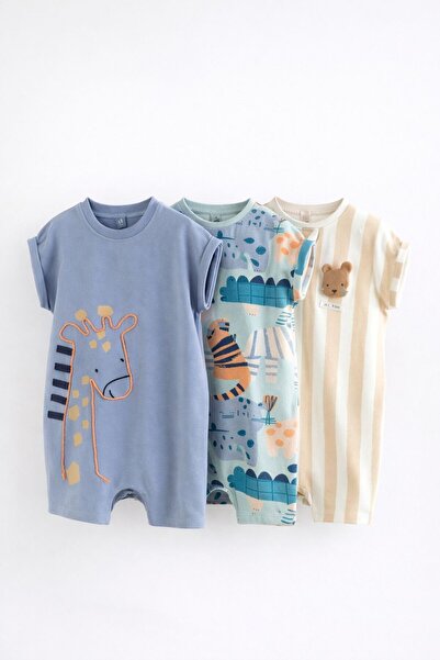 Next Baby قطن قطع من بدلة رومبير زرقاء بتصميم حيواني مكونة من 3 قطع