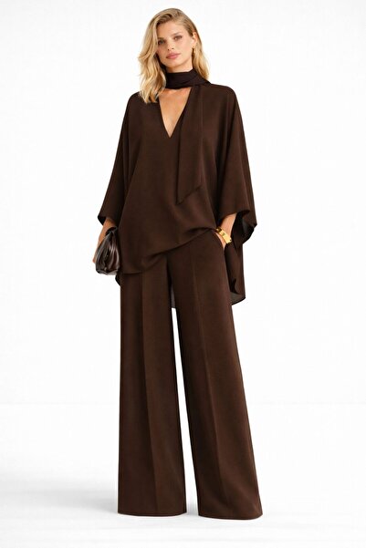 ALYEL NAKER Mobile Shawl Detailed Regular Blouse & Wide Leg Pants Crepe Set