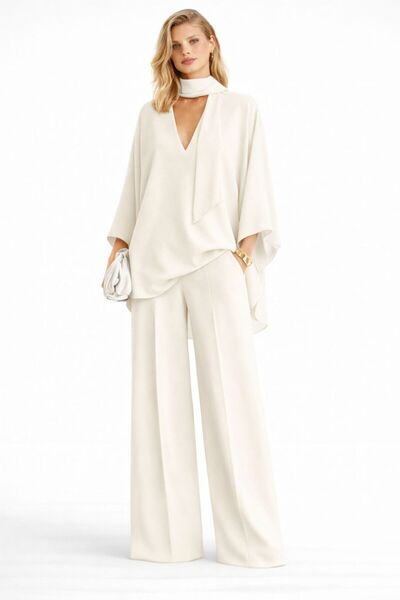 ALYEL NAKER Mobile Shawl Detailed Regular Blouse & Wide Leg Pants Crepe Set