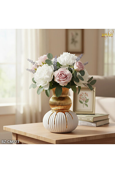 Hinora Porcelain Looking Gold Boğum White Glass Vase 24X18Cm