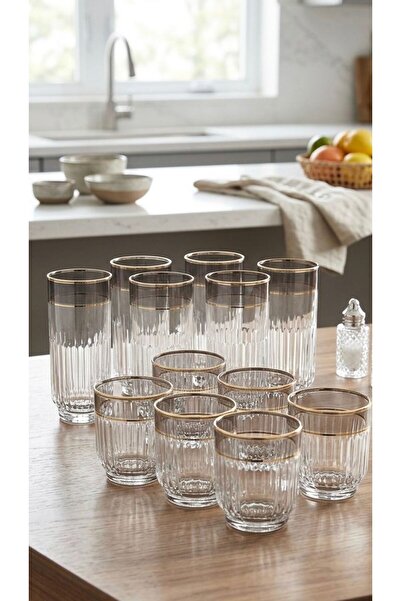 premium Bardak Herencia 12 Parça Manolya Gold Bardak Seti - Çeyiz Seti