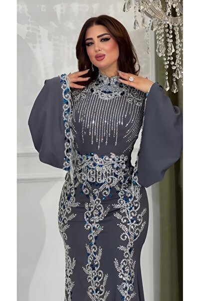 NHMODA Stone Embellished Spanish Ko Sleeve Detail High Collar Fish Tail Eveni...