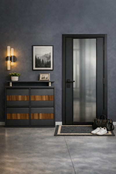 Tomkar 2+2 Antrasit Metal Ayakkabılık Ahşap Ceviz Kaplamalı ( KİLİTLİ )