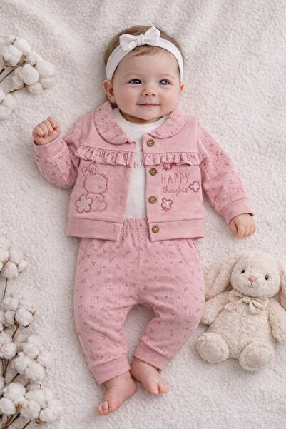 Pure Boutique Set bebe fetite roz 3 piese body hanorac si pantaloni iepuras