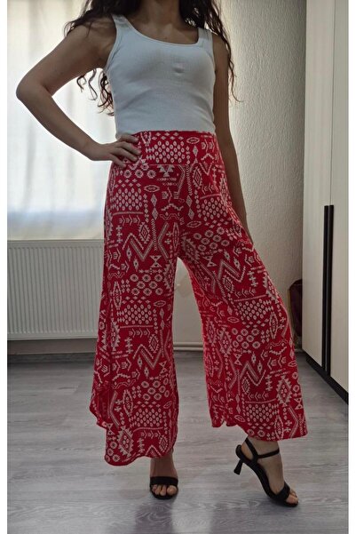 520CK Women's Red Ethnic Patterned Side Slit Viscose Pants - Bohemian Pants
