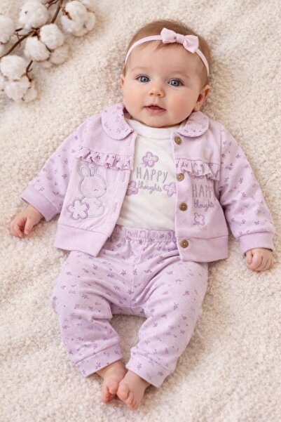 Pure Boutique Set bebe fetite lila 3 piese body bluza si pantaloni iepuras