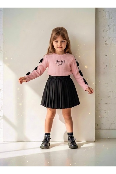 Stilera Girl's Pleated Piece Top and Bottom Set with Bow on the Sleeves and B...