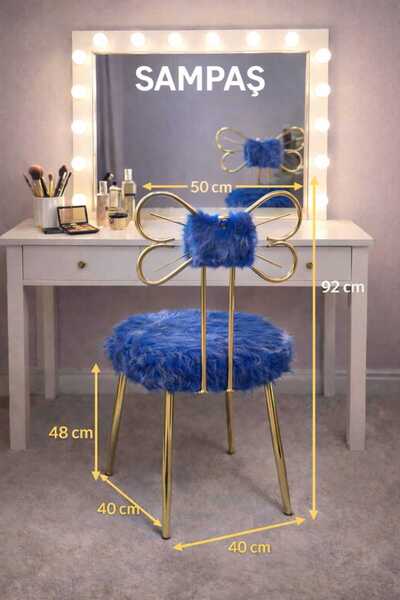 SAMPAŞ DENİZ MAVİSİ PELUŞ PRENSES SANDELYESİ METAL AYAK GOLD 2026 PARİS