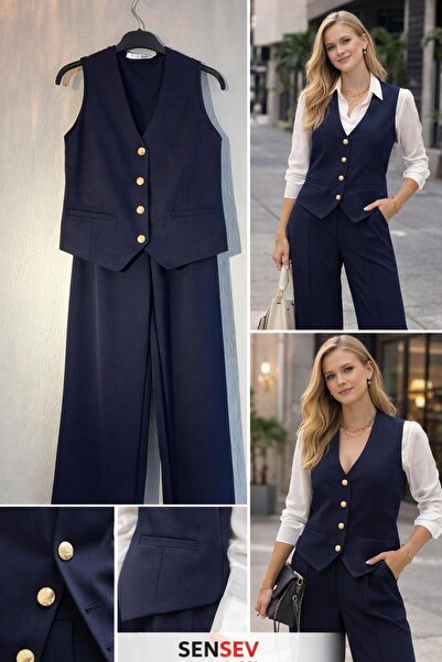 SenSev Lacivert Düğme Detaylı Yelek Pantolon Takım