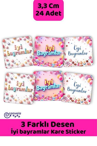 İstisna 3 Farklı Desen İyi Bayramlar Kare Desenli Olsun Sticker Çıkartma Seti...