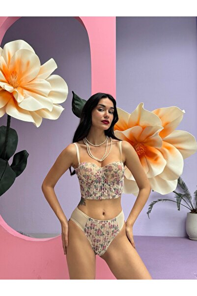 Kelebeklingerie Women's Lace Wired Bustier Bra Panty Set