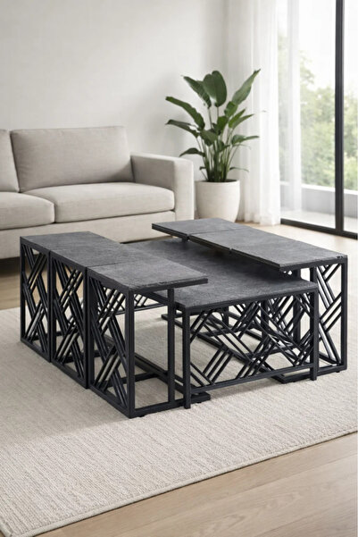 MARIA HOMES Modern Grey Coffee Table Set with 6 Side Tables 130 × 70 × 45 cm