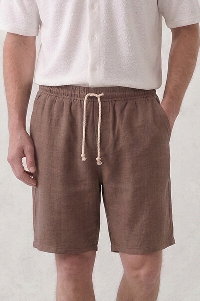 OXVİN Ανδρικό σορτς καφέ μουσελίνα Λινό 100% Βαμβάκι πίσω Με τσέπες ολόσωμο