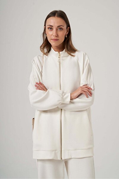 Nuss 1092 Şerit Detaylı Önden Full Fermuarlı Pantolonlu Takım Ekru