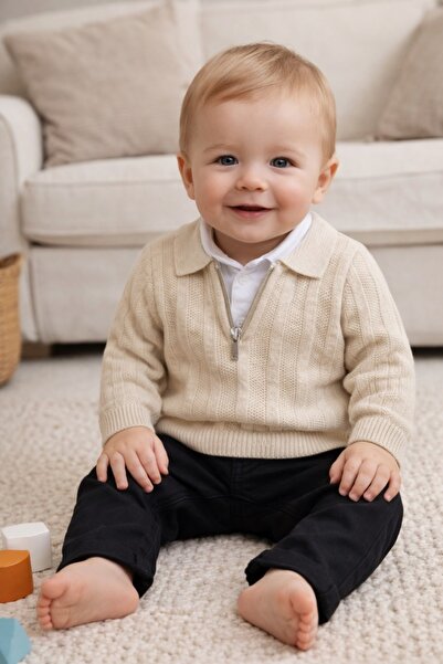 Pure Boutique Set bebe baieti elegant camasa cardigan crem si pantaloni