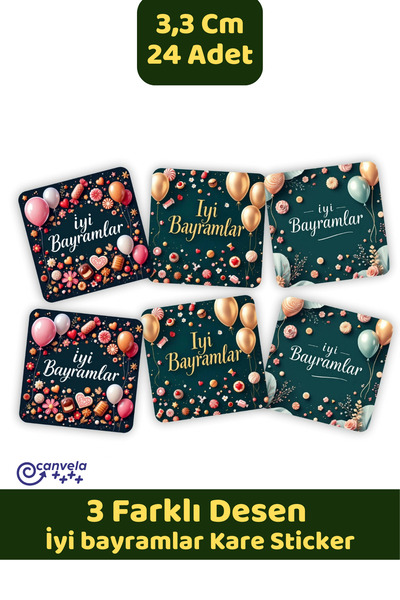 İstisna 3 Farklı Desen İyi Bayramlar Kare Yeşil Desenli Olsun Sticker Çıkartm...