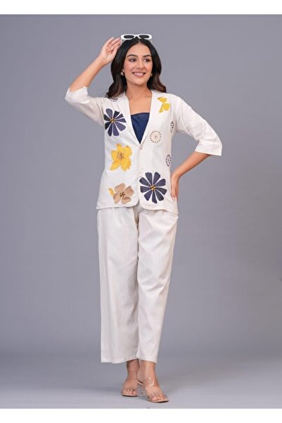 Genaric Women’s Cotton Blend Floral Embroidered Jacket Co-Ord Set 3 Piece Eth...