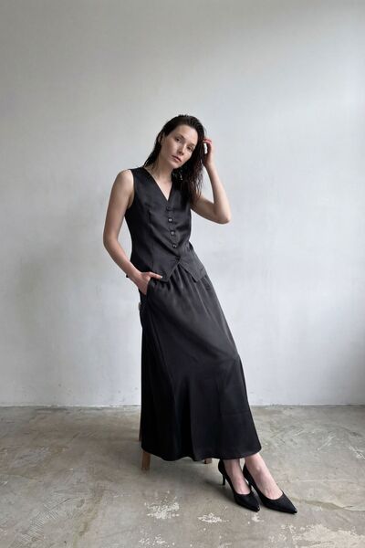 Hiccup MY FASHION V-Neck Γιλέκο & Maxi Skirt Σατέν Σετ Δύο Τεμαχίων