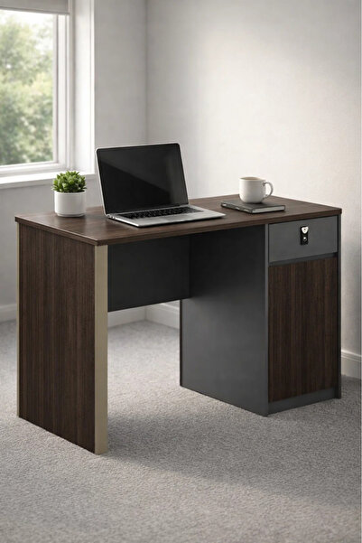 MARIA HOMES Modern Dark Brown Office Desk with Storage and Lockable Drawer