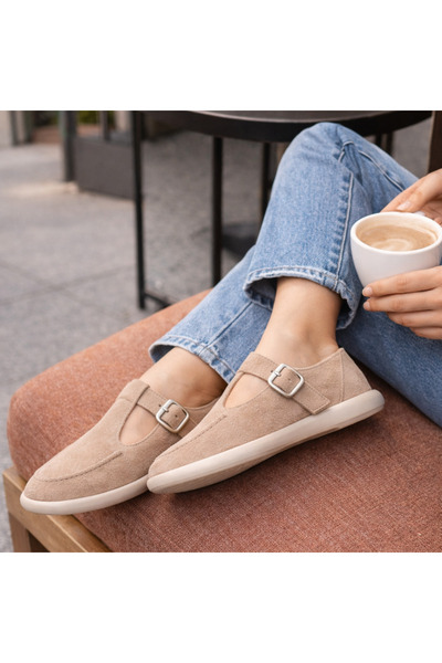 Noliva Beige Suede Buckled Women's Ballet Flats Comfortable Sole Casual Mary Janes Women's Shoes