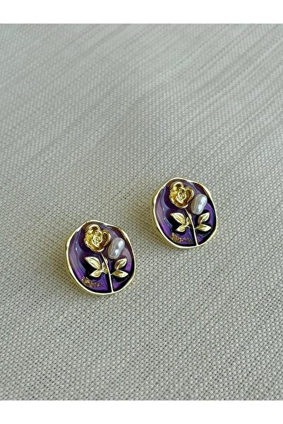 Vintage Görünümlü Mor Mineli Oval Küpe | İnci Ve Gold Detaylı İşlemeli Bohem Stil Yuvarlak Küpe
