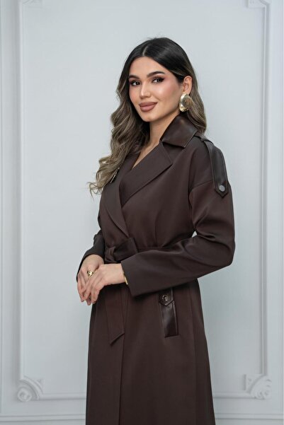 Eccim Fashion Deri Detaylı Broşlu Sade Uzun Kadın Ceket Trençkot