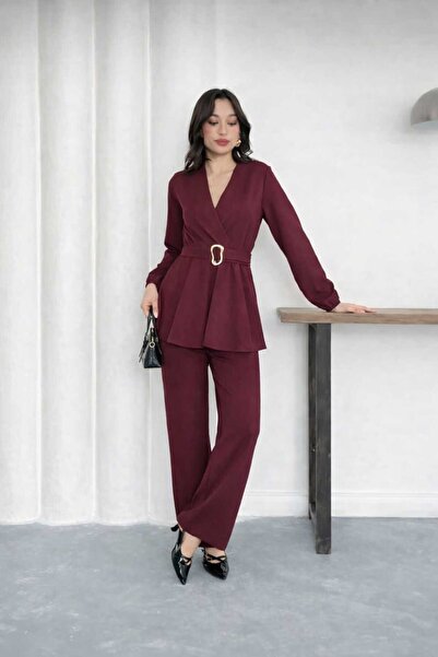 verabelle طقم بأزرار على الجهتين قطع من قماش الكاروهات بتفاصيل حزام على الكتف...