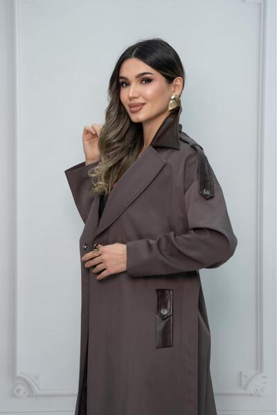 Eccim Fashion Deri Detaylı Broşlu Sade Uzun Kadın Ceket Trençkot