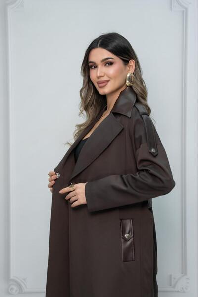 Eccim Fashion Deri Detaylı Broşlu Sade Uzun Kadın Ceket Trençkot