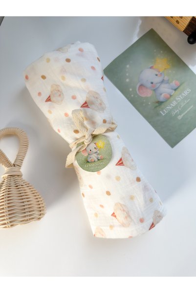 Lunar Stars 2-Layer Organic Baby Muslin Cover 100% Pa Cotton Efes Alan Multi-Purpose Swaddle Cloth Newborn Blanket