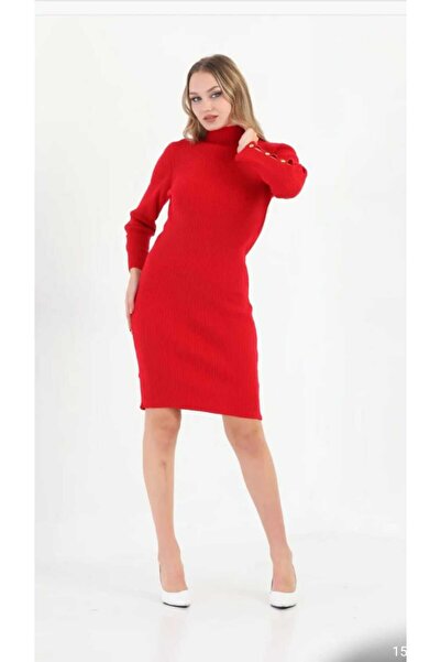 ÖZLEM İÇ GİYİM Turtleneck with Cuff Detail Corded Fabric Knit Dress