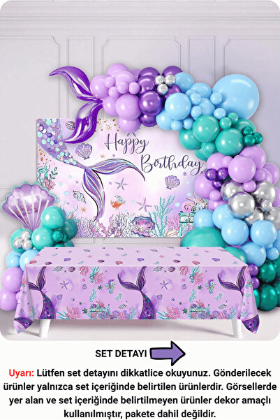 Bunloon Denizkızı Temalı Balon Seti 45 Parça Midye Folyo Balon Mor Gümüş Turk...