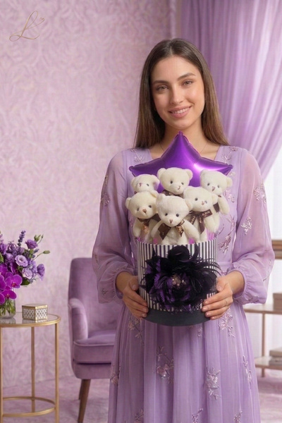 Livra Gift Mor Konsept Yıldız Balonlu ve Peluş Ayıcık Buketi Premium Hediye K...