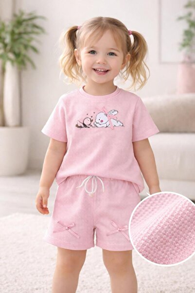 Kuzucuk Kids Bebek Çocuk Butik Kız Çocuk Pike Kumaş Şortlu Takım Pembe Kurdel...