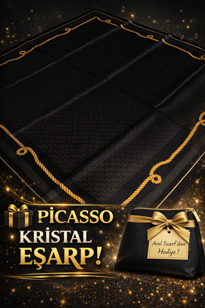 Picasso İpek Görünümlü Siyah, Vizon Kristal Eşarp – Şık Tasarım 90x90