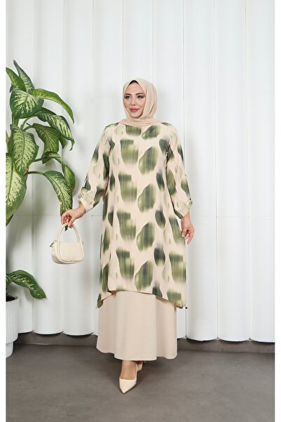 HNT Hayrunnisa Tesettür بقطع قماش مخيطة معاً منقوش فستان بأكمام أخضر HNT7526