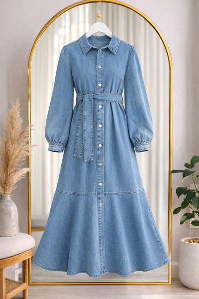 bellura Boydan Düğmeli Fırfırlı Kot Elbise