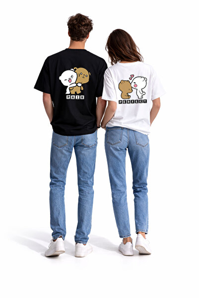 NEVERMIND Set de tricouri pentru cupluri Perfect Pair Teddy Bear cu imprimeu ...