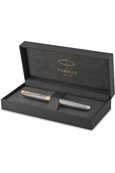 Parker قلم حبر سونيت، فضة مصقولة فاخرة بحواف ذهبية، سن رفيع من الذهب الخالص ع...