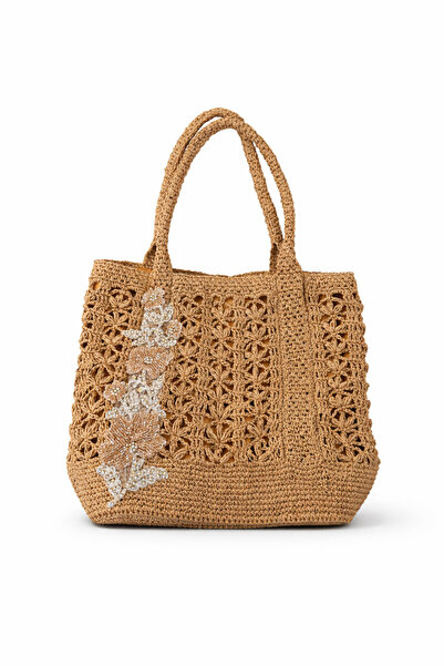 Ranasubaşı Galway Embroidered Summer Straw Bag Bag Camel