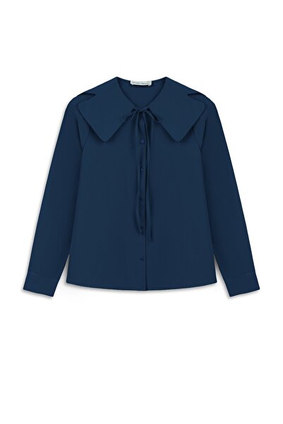 praye Shirt with Bib Collar Navy Blue