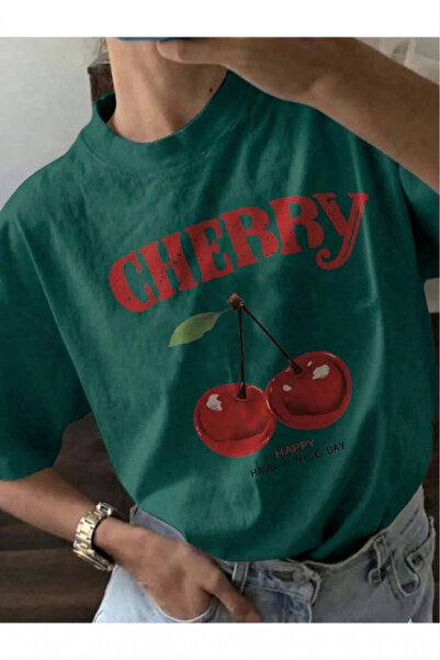 Trend Sizde Unisex Green Happy Cherry Printed Crew Neck T-Shirt